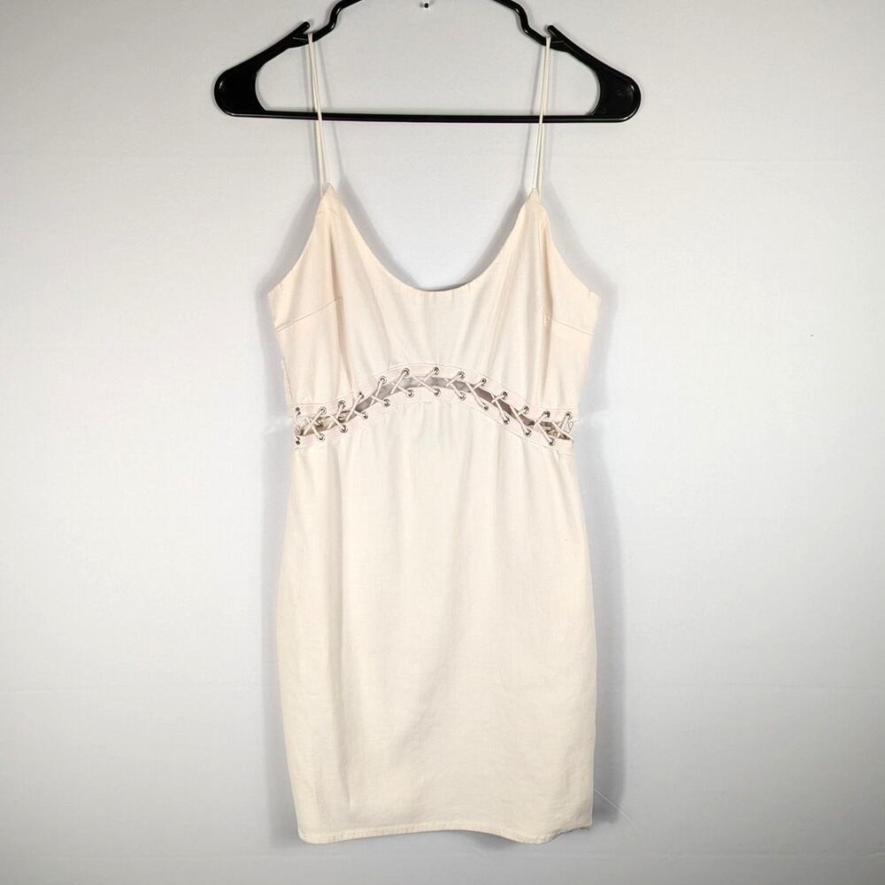 Superdown S Ivory Lace Up Waist Bodycon Mini Dress Spaghetti Strap Rayon Blend